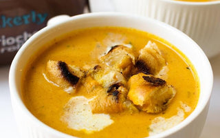 creamy pumpkin soup with brioche rolls grilled cheese croutons | bakerly