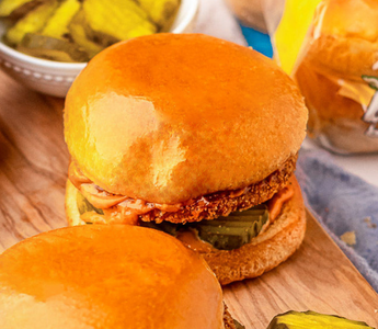 Vegan chicken sandwich with plant-based brioche burger buns