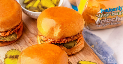 Vegan chicken sandwich with plant-based brioche burger buns