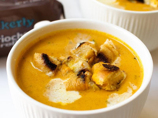 creamy pumpkin soup with brioche rolls grilled cheese croutons