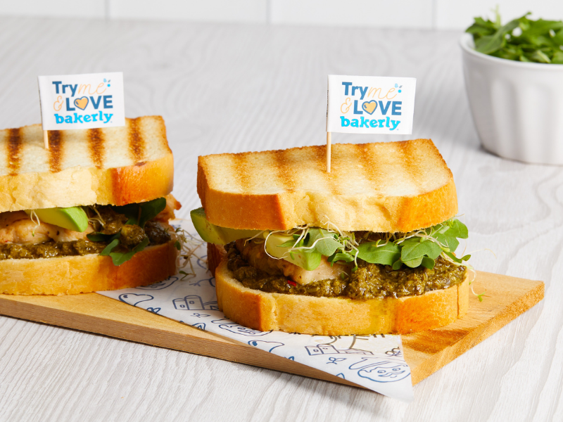 grilled pesto chicken sandwich on sliced brioche bakerly