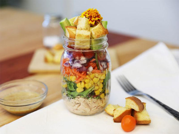 salad in a jar with brioche croutons