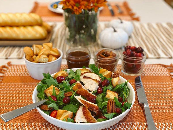 Thanksgiving leftover salad with soft brioche baguette croutons