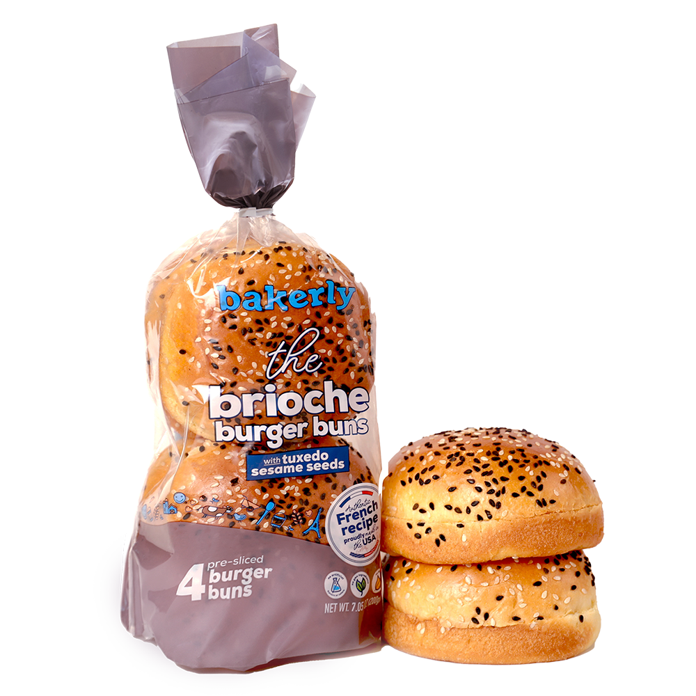 bakerly the brioche burger buns with tuxedo sesame seeds