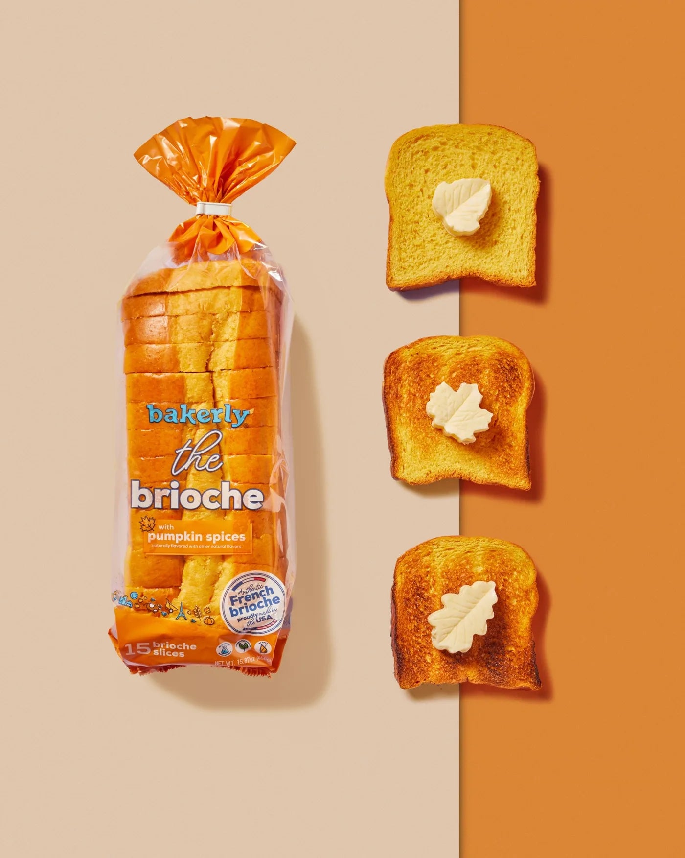 Pumpkin spice sliced brioche with leaf-shaped butter